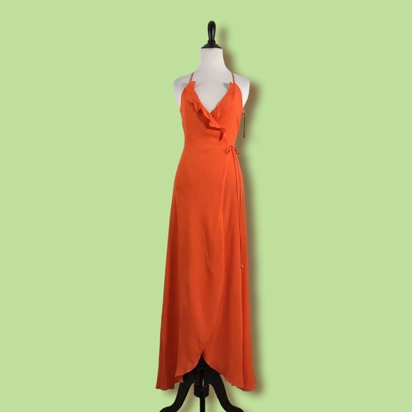 Lovers + Friends Revolve Maxi Dress XS Nostalgia  Orange‎ Halter Ruffles Wrap - Picture 1 of 8